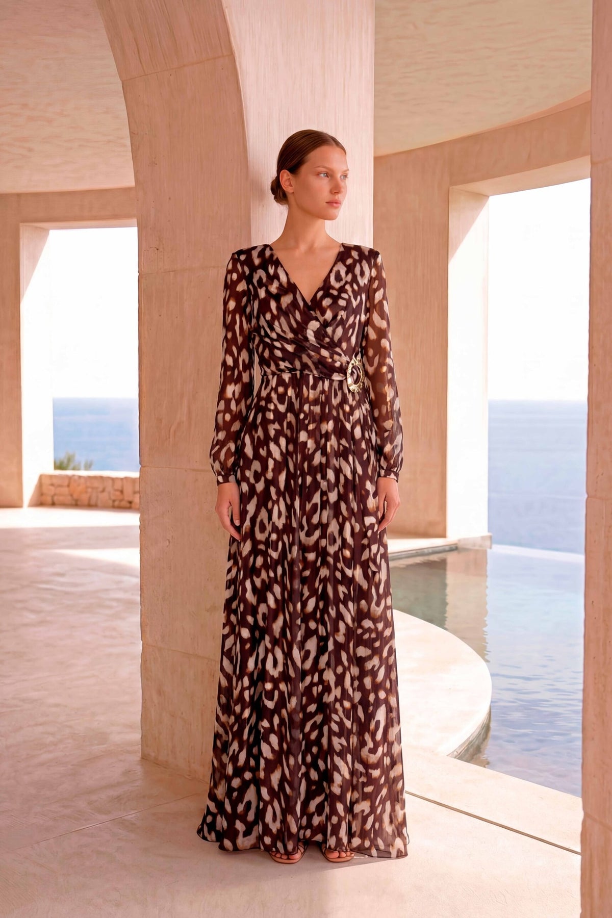 Shop Carla Ruiz at Dotique – 53062 Womens Long Dress Marro-Brown – front