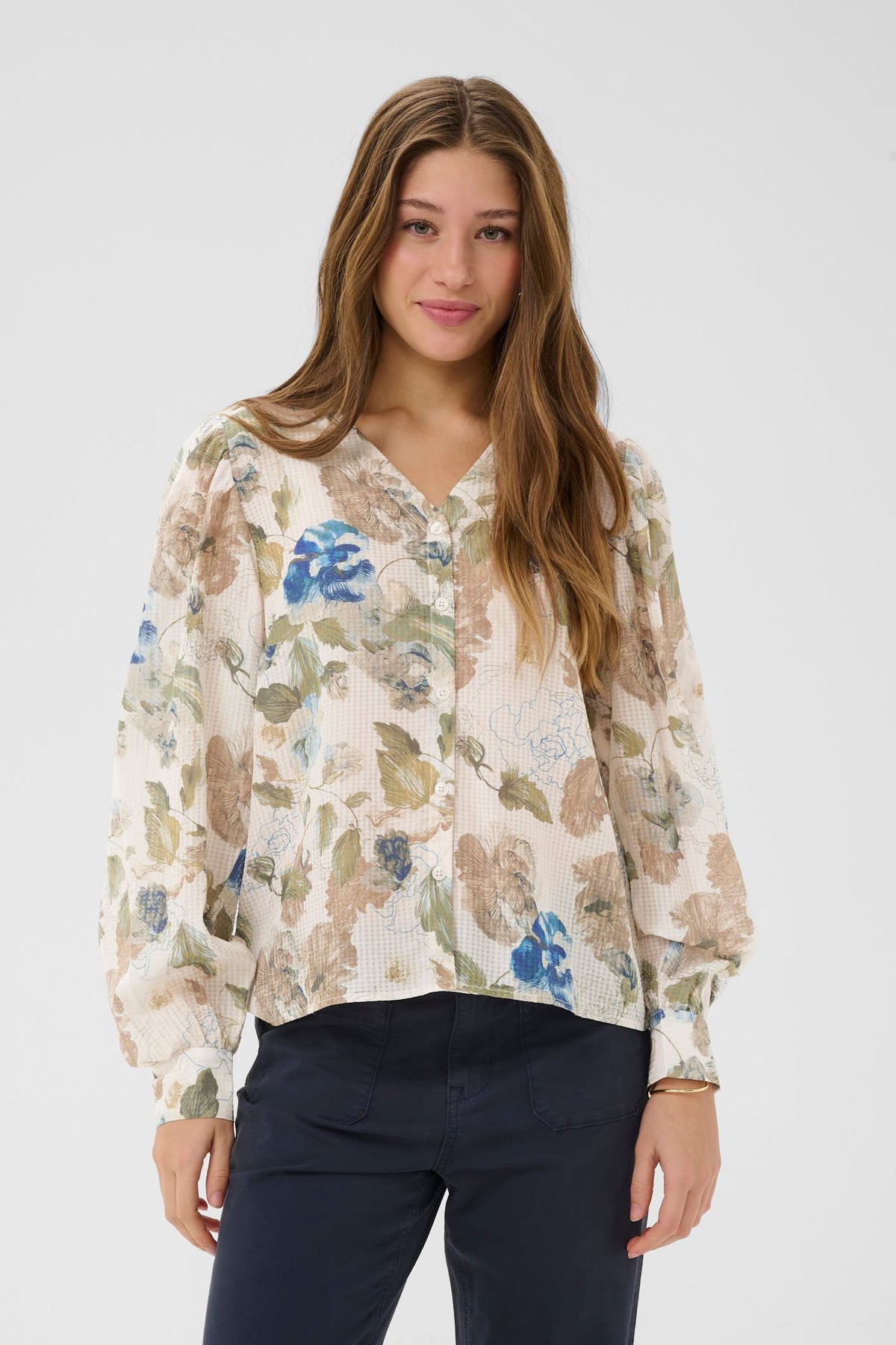 Shop Cream at Dotique – CRLucia Hailey Print with Blue blouse, model front