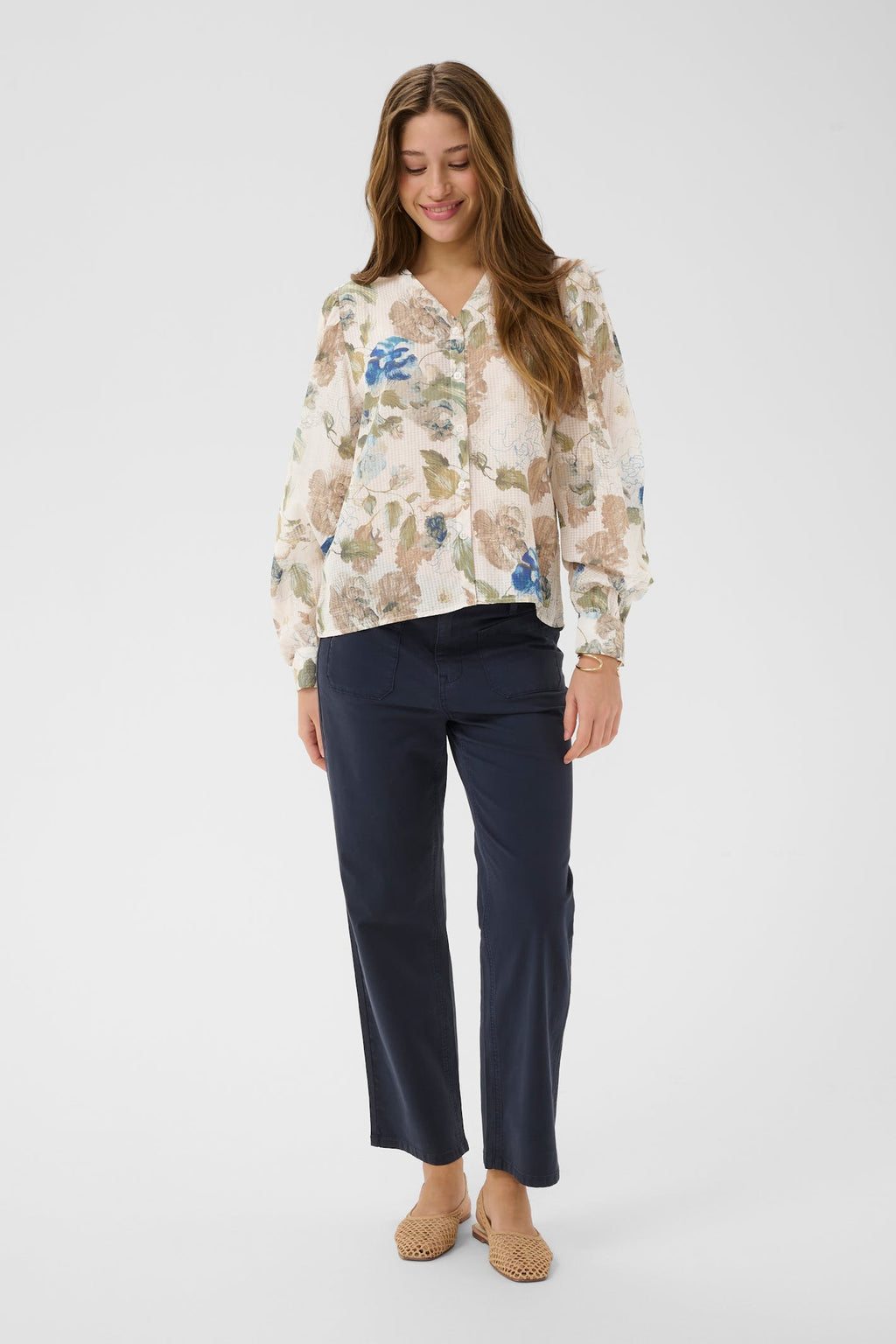 Shop Cream at Dotique – CRLucia Hailey Print with Blue blouse, model front detail