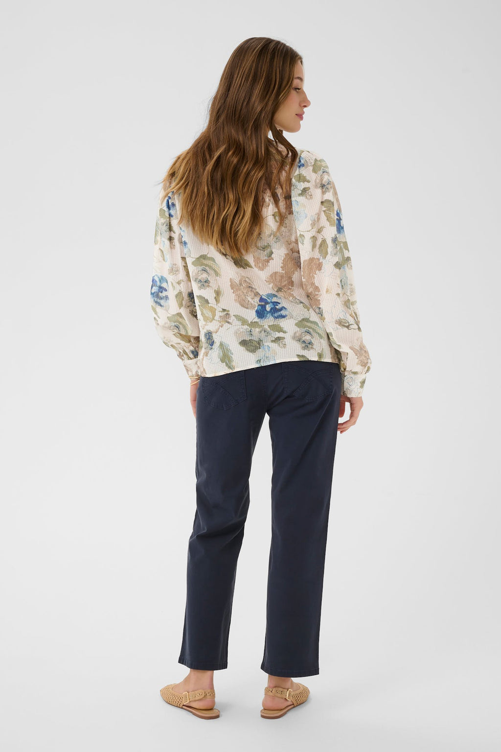 Shop Cream at Dotique – CRLucia Hailey Print with Blue blouse, model back