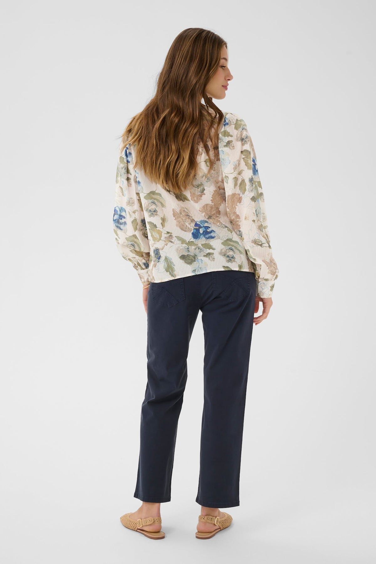 Shop Cream at Dotique – CRLucia Hailey Print with Blue blouse, model back