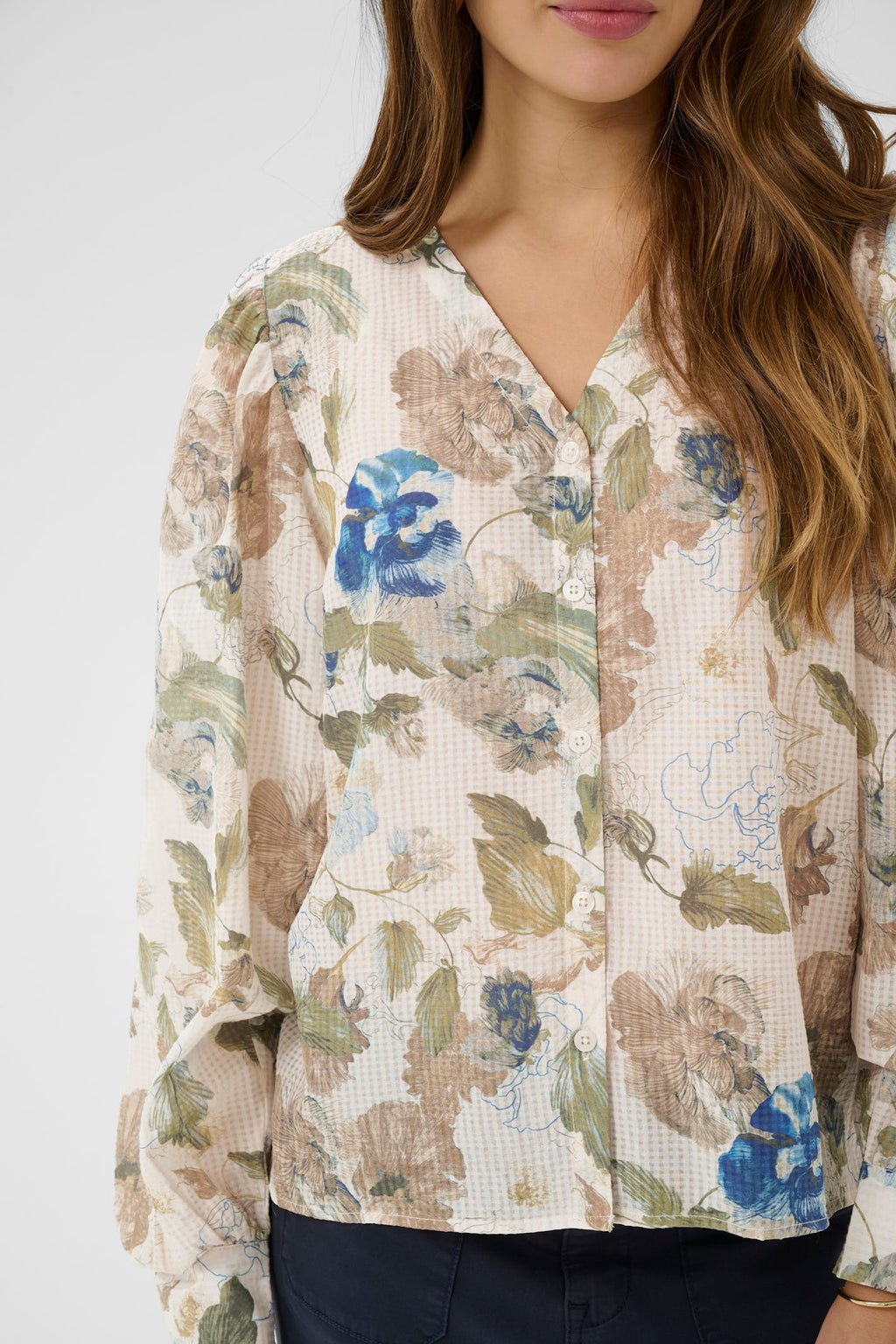 Shop Cream at Dotique – CRLucia Hailey Print with Blue blouse, fabric detail