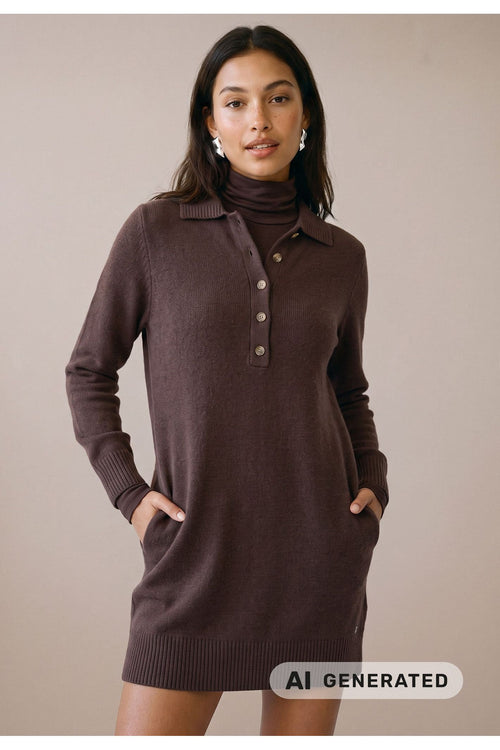 Fynch Hatton 2609 7448 Merino Wool Polo Neck Dress Espresso — view 1. Shop Fynch Hatton at Dotique