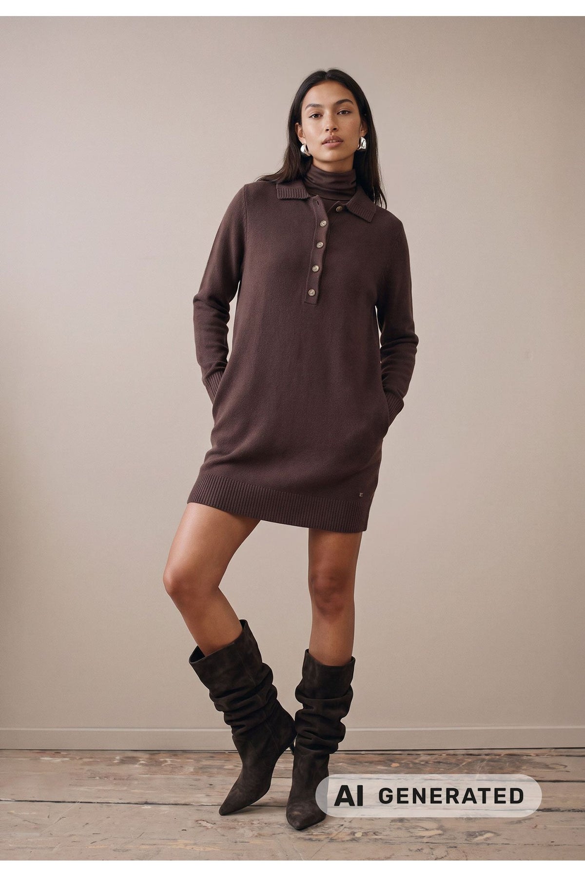 Fynch Hatton 2609 7448 Merino Wool Polo Neck Dress Espresso — view 3. Shop Fynch Hatton at Dotique