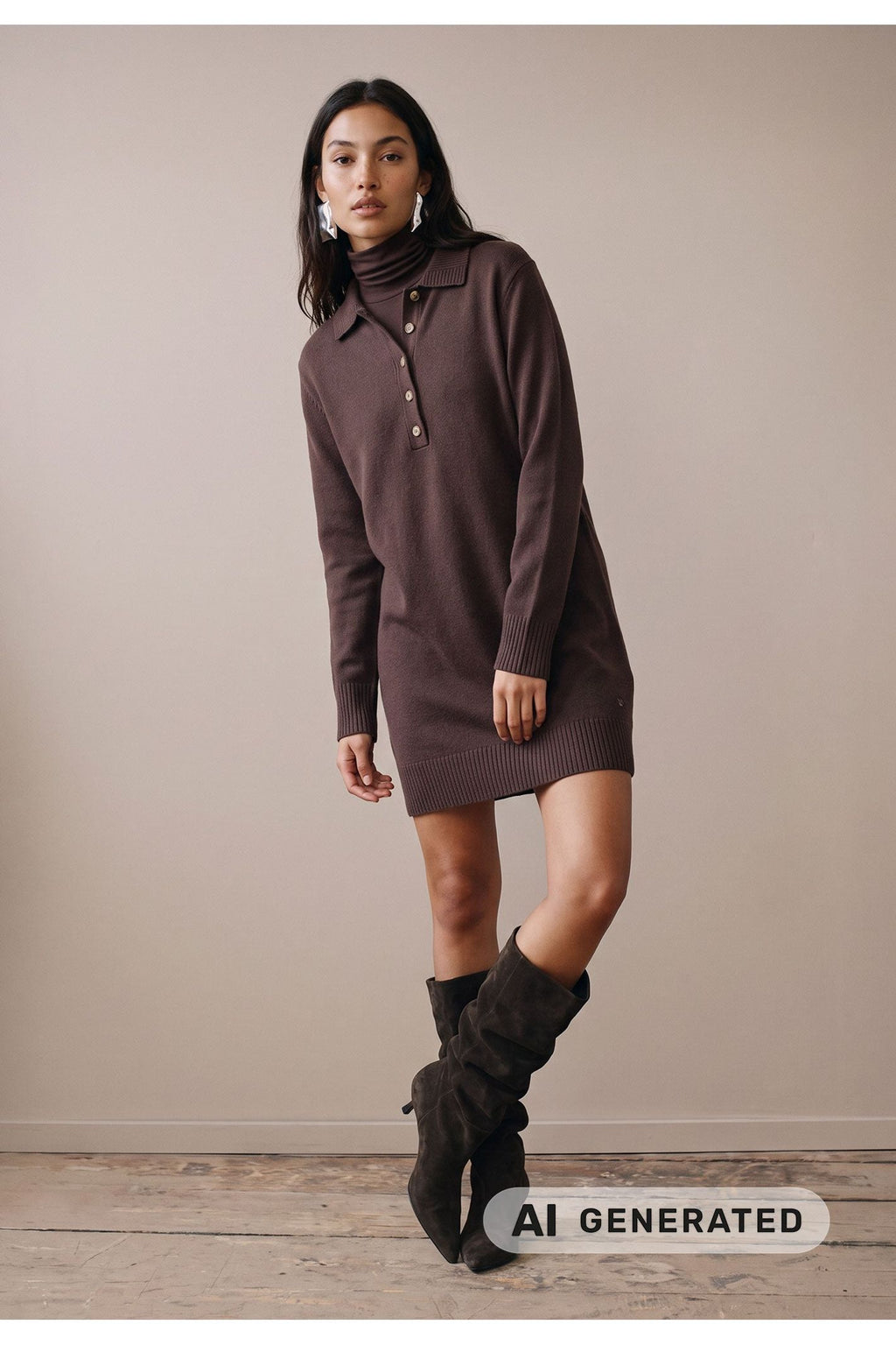 Fynch Hatton 2609 7448 Merino Wool Polo Neck Dress Espresso — view 4. Shop Fynch Hatton at Dotique