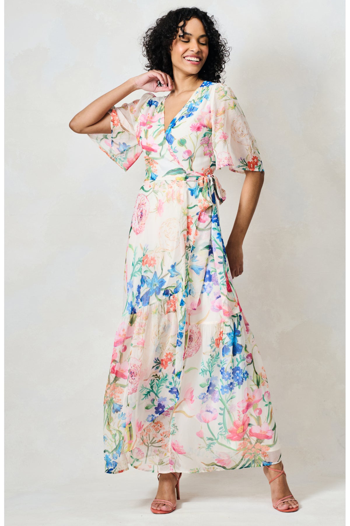 Hope & Ivy Michelle Cream Floral Flutter Sleeve Maxi Dress full-length studio view - Shop Hope & Ivy at Dotique