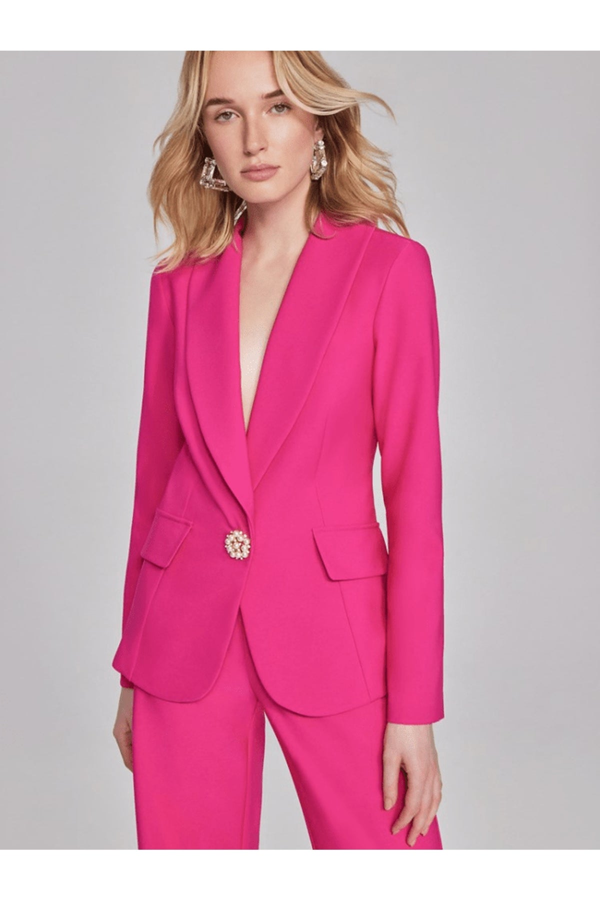 Shop Joseph Ribkoff at Dotique – 241737 Shocking Pink  Lux Twill Fitted Blazer with Ornament Closure, additional view 1