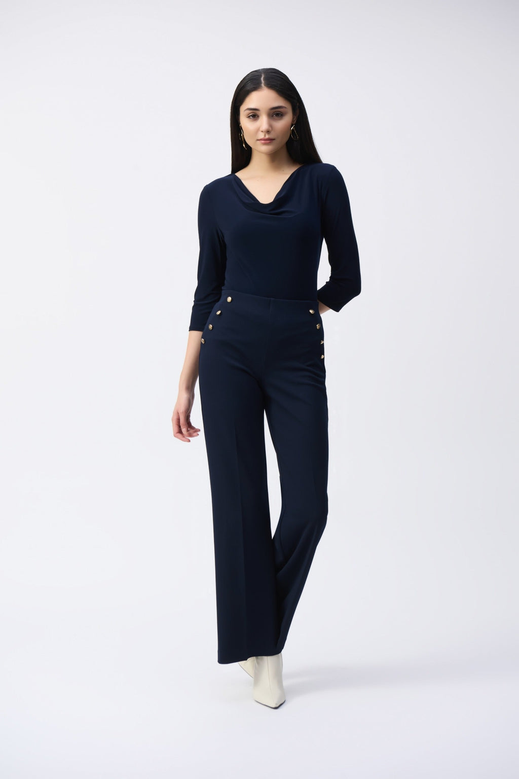 Shop Joseph Ribkoff at Dotique – 243318 Midnight Blue (2166) Silky Knit Cowl Neck Top, additional view 3