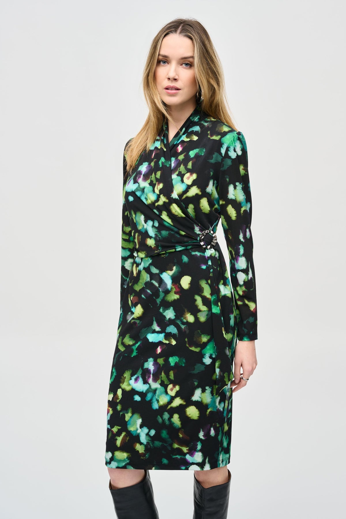 Shop Joseph Ribkoff at Dotique – 243321 Green Black (189) Jersey Abstract Print Wrap Dress, additional view 21