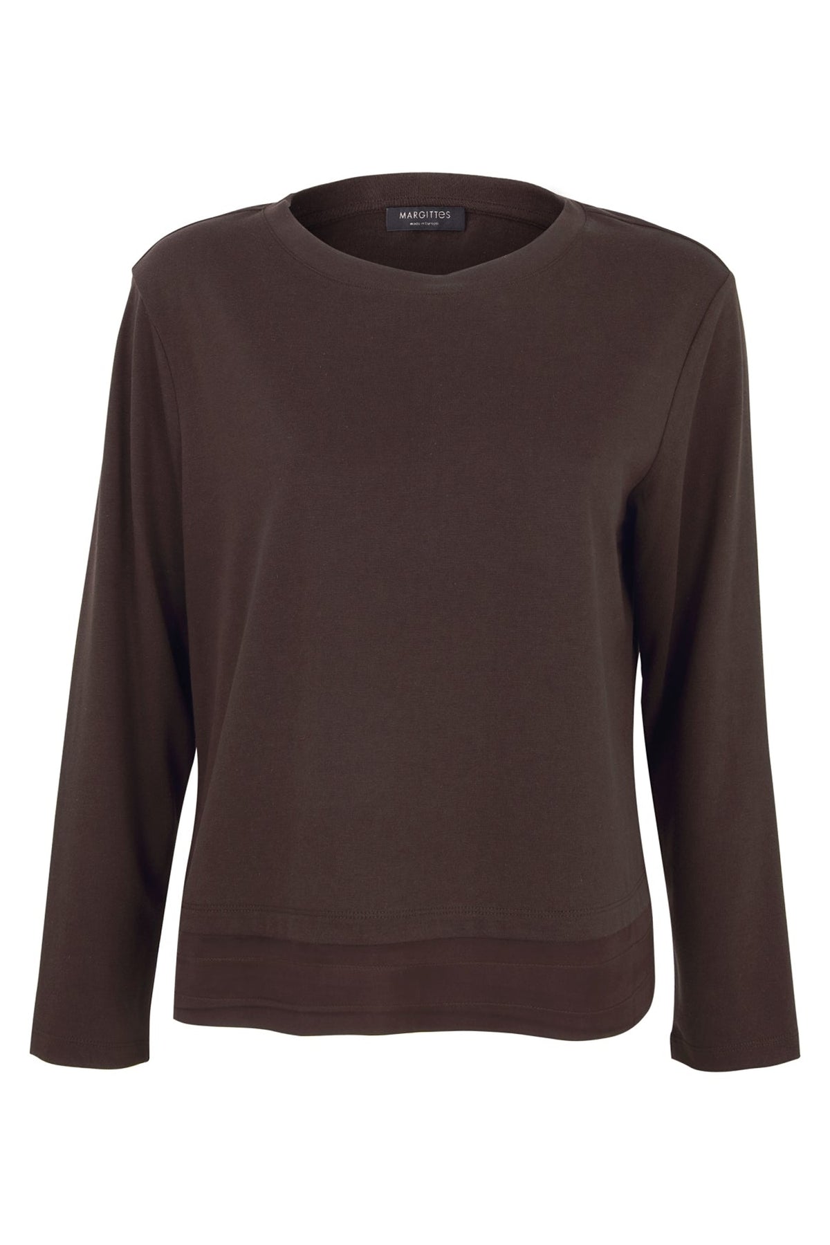 Chocolate brown long sleeve top with ribbon detail at the hem. Shop Margittes at Dotique.
