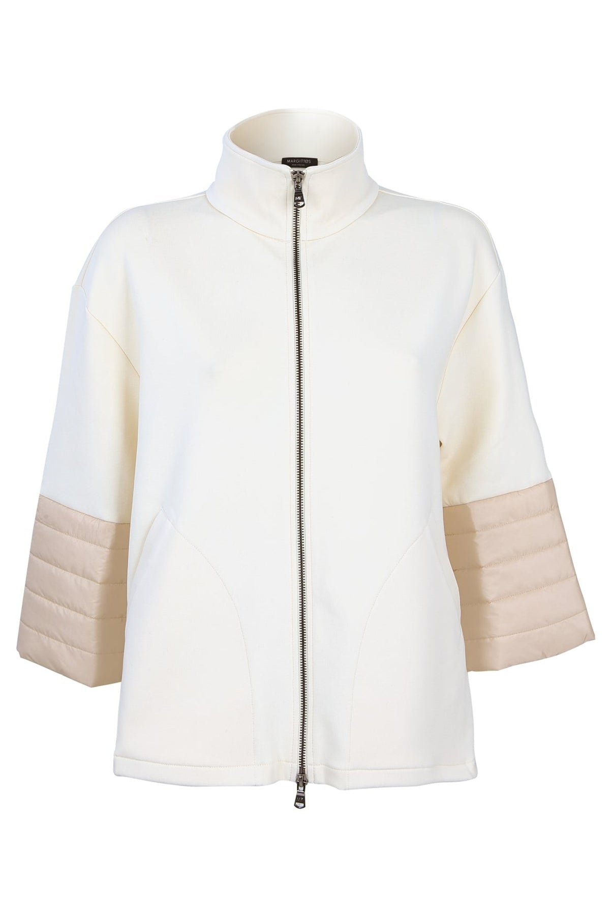 Cream zip jacket with stand collar and contrasting quilted cuffs. Shop Margittes at Dotique.