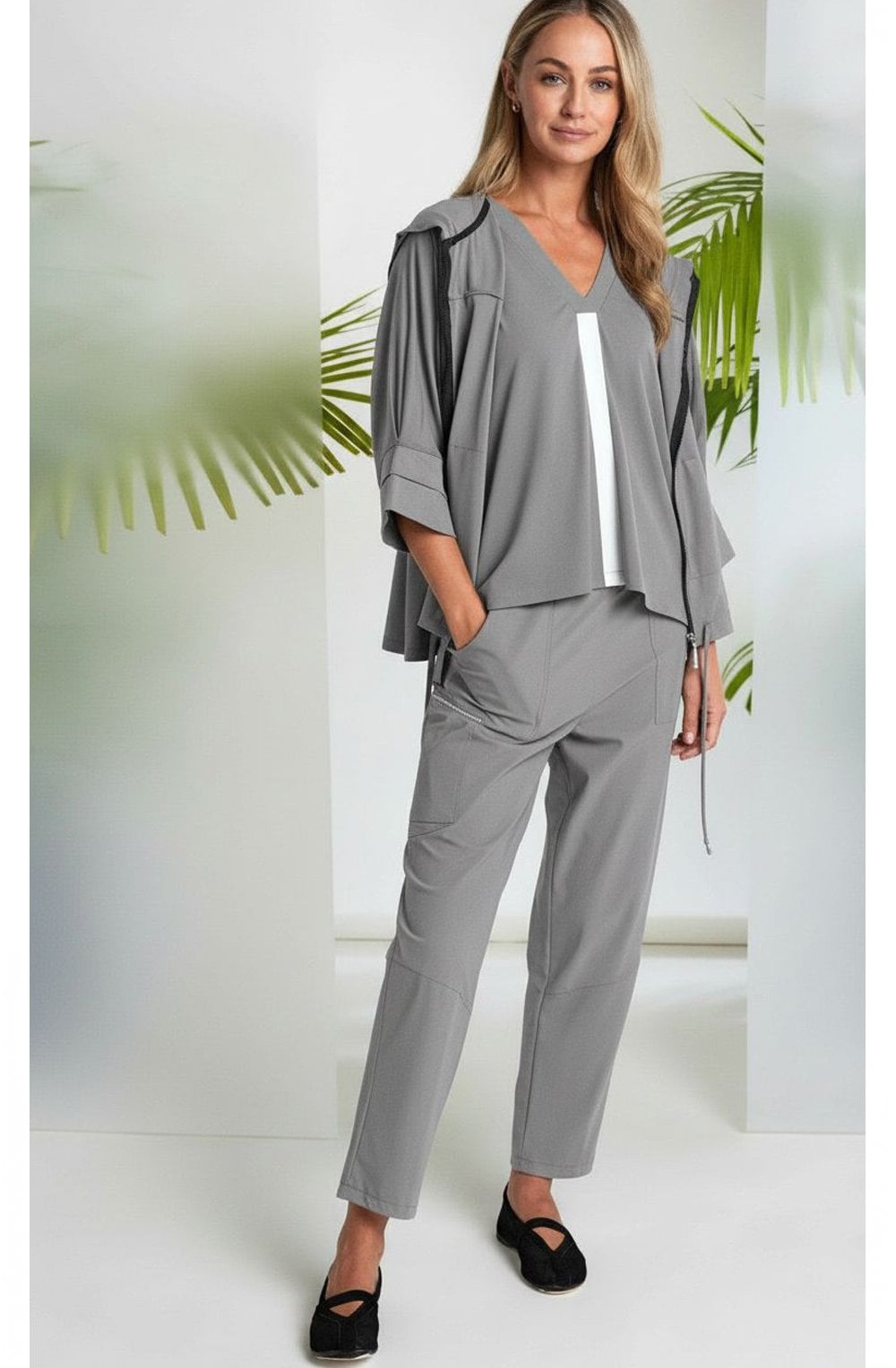 Shop Naya at Dotique – Naya NAS26109 Dove Grey (83) Slim Leg Pull-Up Trousers, view 2