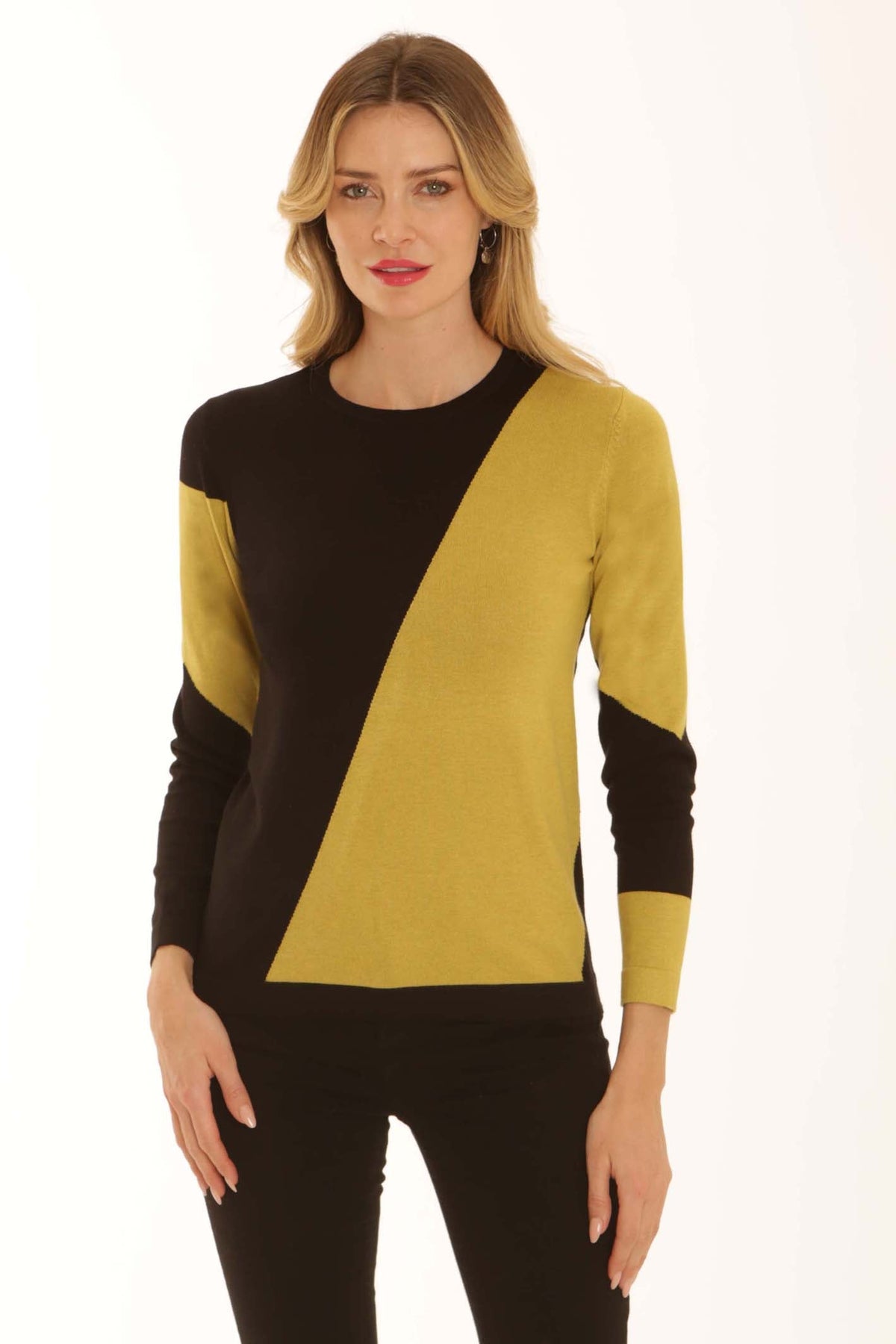 Pomodoro 12656 Diagonal Colour Block Jumper Lime, front view. Shop Pomodoro at Dotique.