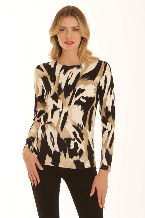 Pomodoro 12657 Printed Jumper Oatmeal, front view. Shop Pomodoro at Dotique.
