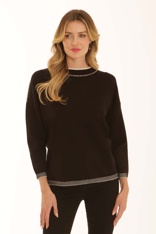 Pomodoro 22659 Blanket Stitch Jumper Black, front view. Shop Pomodoro at Dotique.