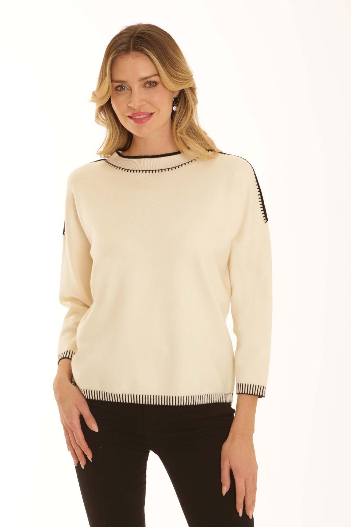Pomodoro 22659 Blanket Stitch Jumper Cream, front view. Shop Pomodoro at Dotique.