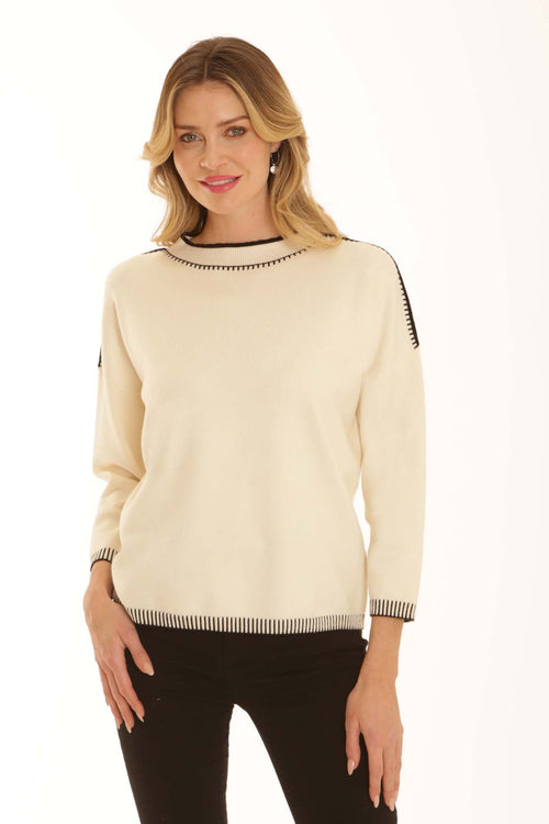Pomodoro 22659 Blanket Stitch Jumper Cream, front view. Shop Pomodoro at Dotique.