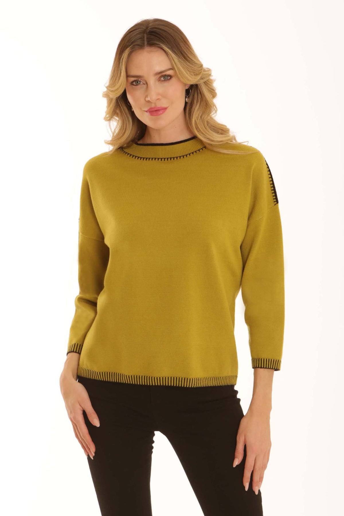 Pomodoro 22659 Blanket Stitch Jumper Lime, front view. Shop Pomodoro at Dotique.
