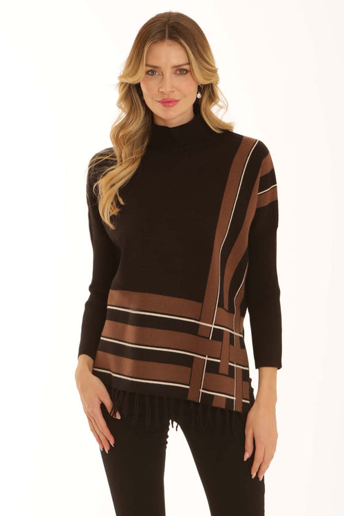Pomodoro 22661 Lattice Fringed Jumper Chestnut, front view. Shop Pomodoro at Dotique.