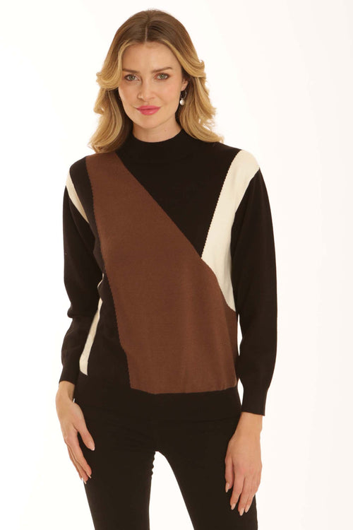 Pomodoro 22662 Turtle Neck Colour Block Jumper Chestnut, front view. Shop Pomodoro at Dotique.