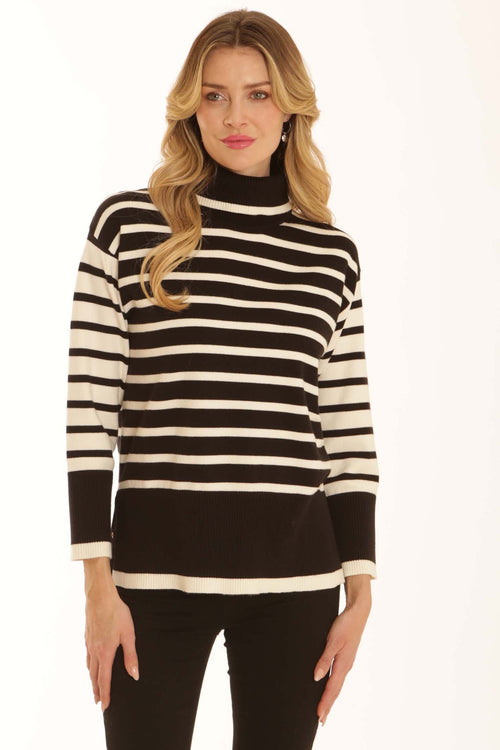 Pomodoro 32655 Cowl Neck Stripe Jumper Black and White, front view. Shop Pomodoro at Dotique.