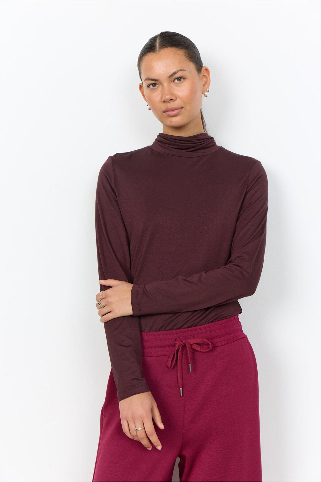 Soya Concept 24864 Marica 12 High Neck Jersey Top Dark Brown — view 1. Shop Soya Concept at Dotique