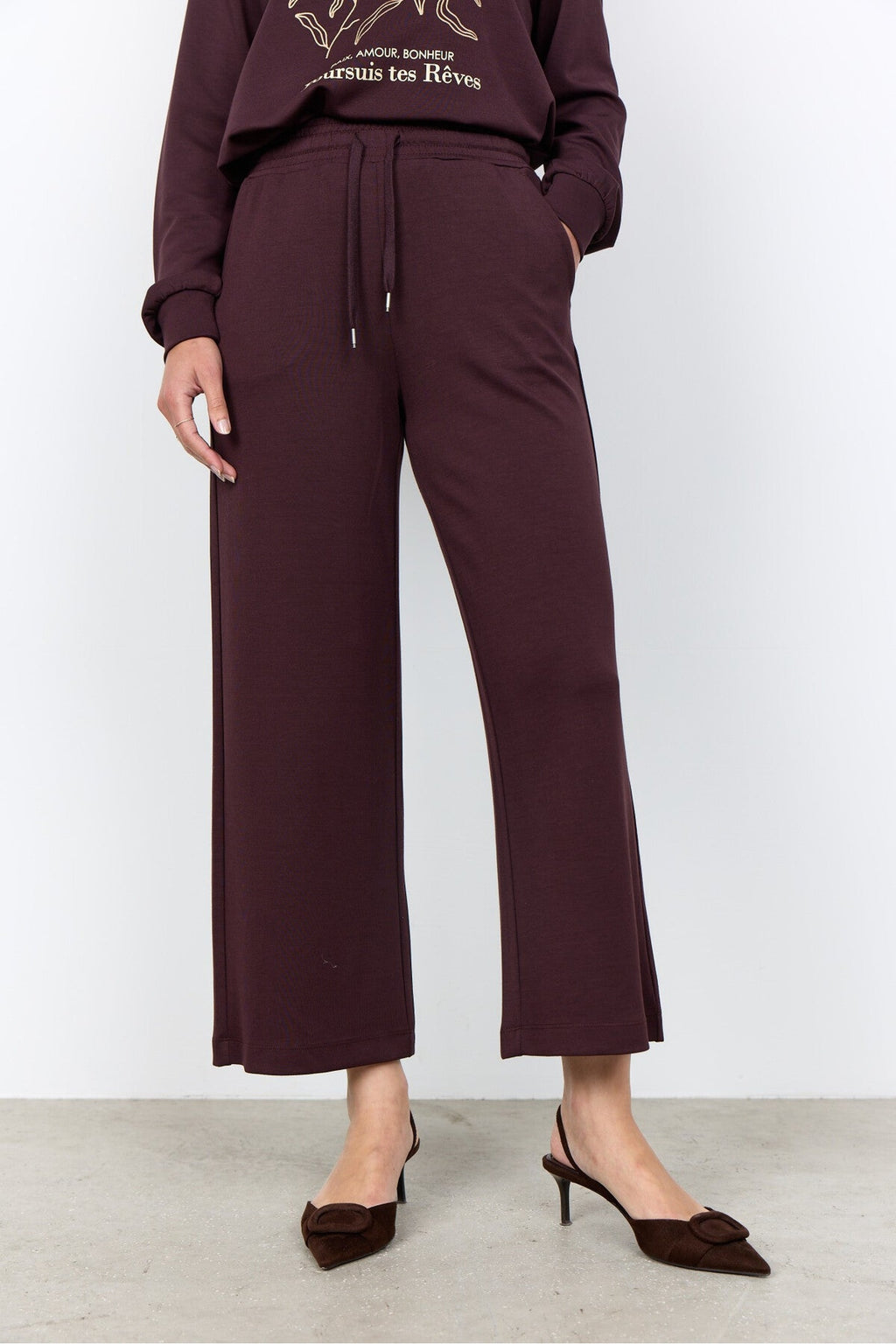 Soya Concept Banu 33 25328-20 Dark Brown Crop Jersey Trouser — view 2. Shop Soya Concept at Dotique