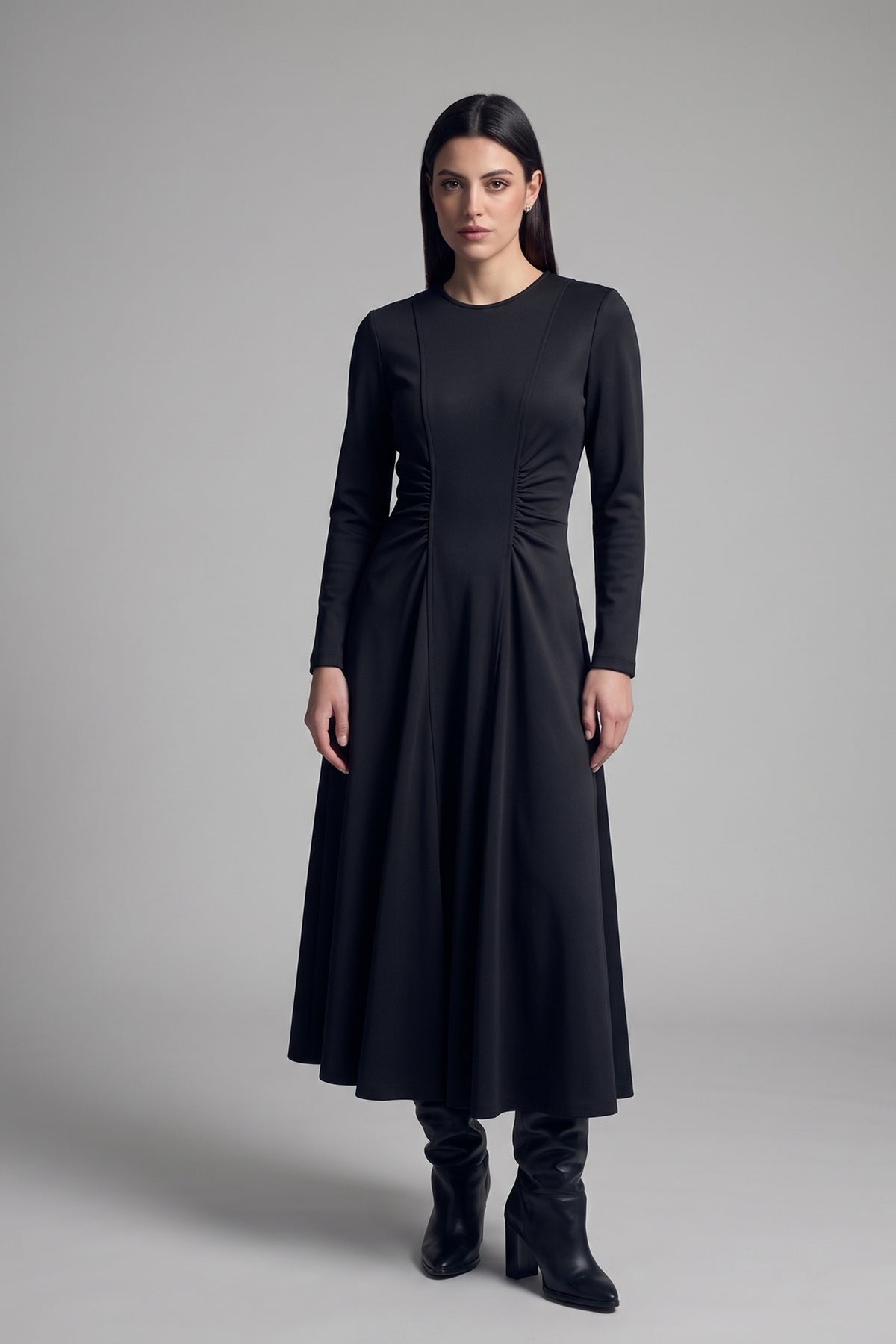 Tinta LILA-L black ruched midi dress, front view — shop Tinta at Dotique