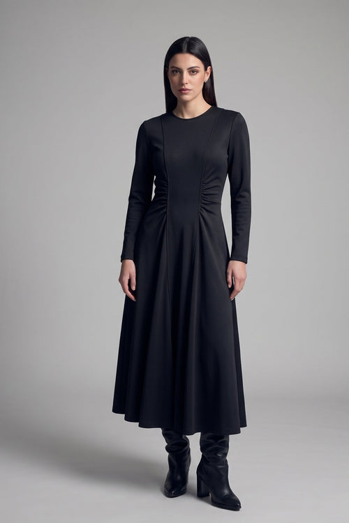 Tinta LILA-L black ruched midi dress, front view — shop Tinta at Dotique