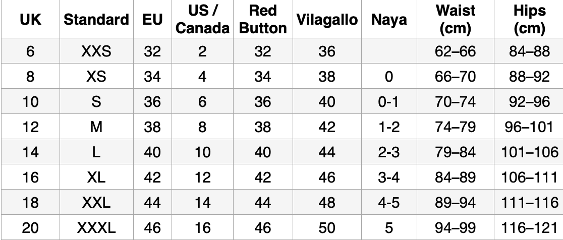 Size chart comparing UK, EU, US/Canada, Red Button, Vilagallo, and Naya clothing sizes.