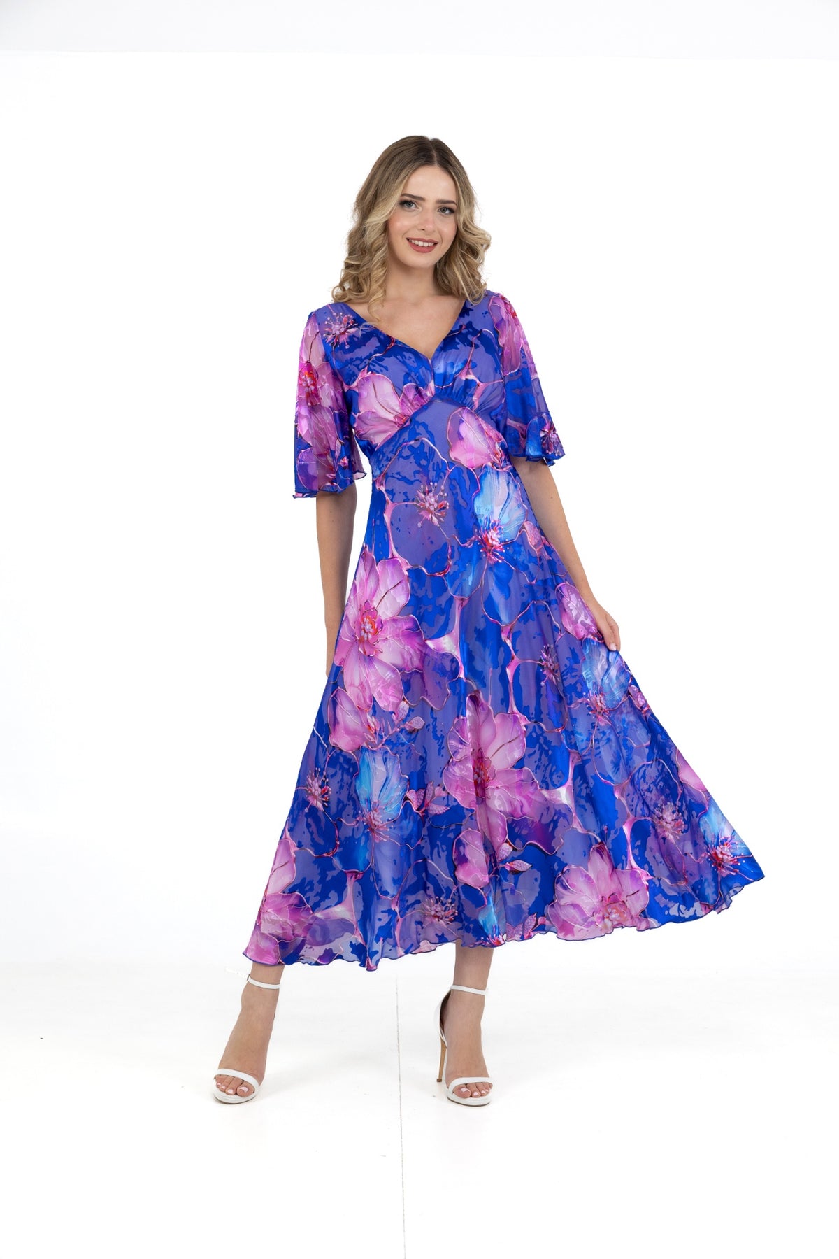 Allison 6160 Blue Fuchsia Silk Floral Midi Dress model wearing Shop Allison at Dotique