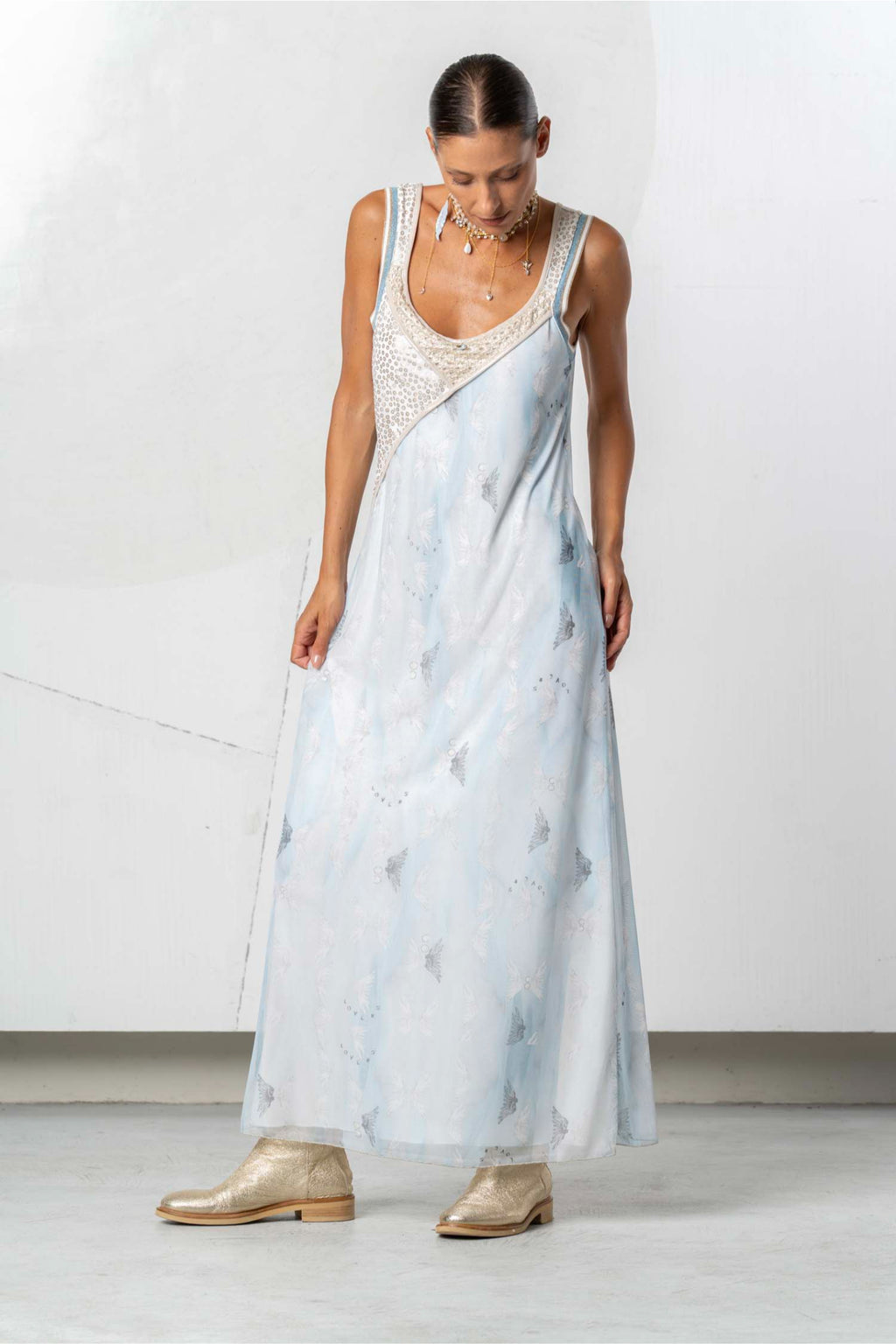 Elisa Cavaletti Light Blue Printed Maxi Dress Dress EJP262004620 front view with layered details shop Elisa Cavaletti at Dotique gallery 1