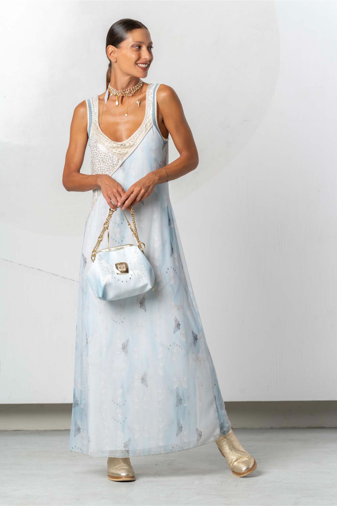 Elisa Cavaletti Light Blue Printed Maxi Dress Dress EJP262004620 full-length view with accessories shop Elisa Cavaletti at Dotique