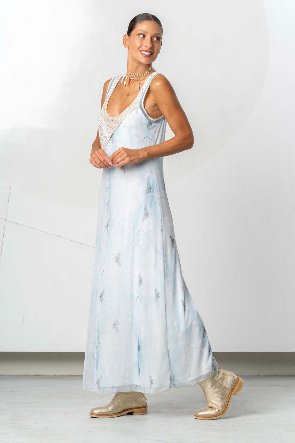 Elisa Cavaletti Light Blue Printed Maxi Dress Dress EJP262004620 side view with necklace, shop Elisa Cavaletti at Dotique gallery 1