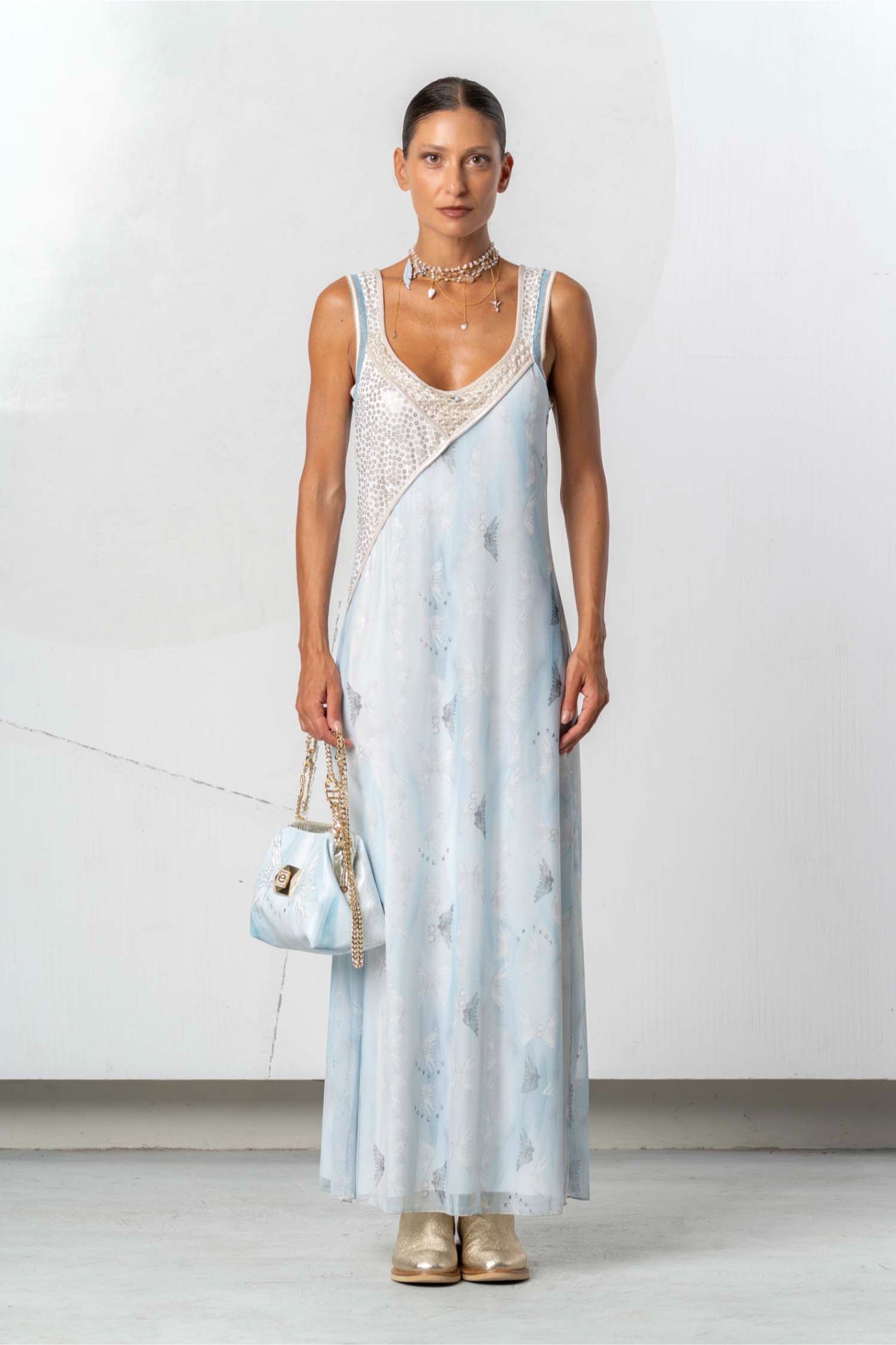 Elisa Cavaletti Light Blue Printed Maxi Dress Dress EJP262004620 front view in gallery position 1 shop Elisa Cavaletti at Dotique