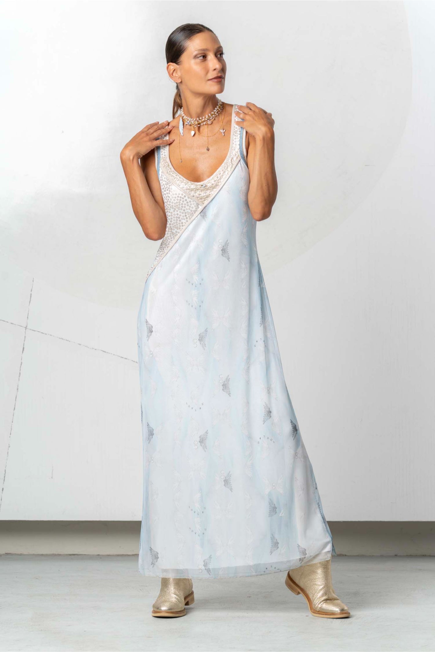 Elisa Cavaletti Light Blue Printed Maxi Dress Dress EJP262004620 front soft blue maxi dress in gallery position 1 shop Elisa Cavaletti at Dotique