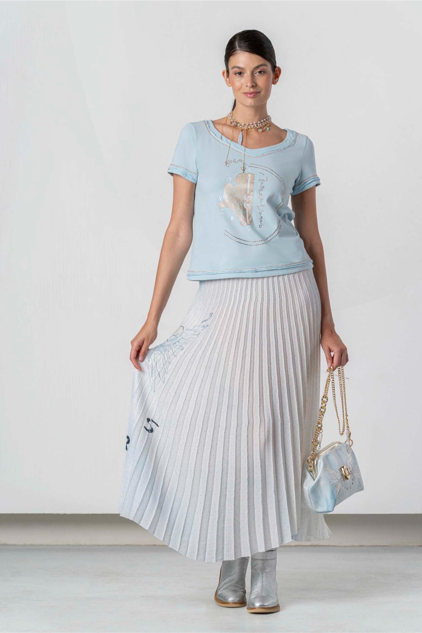 Elisa Cavaletti Light Blue Printed Pleated Midi Skirt EJP263002801 front view in gallery position 1 shop Elisa Cavaletti at Dotique
