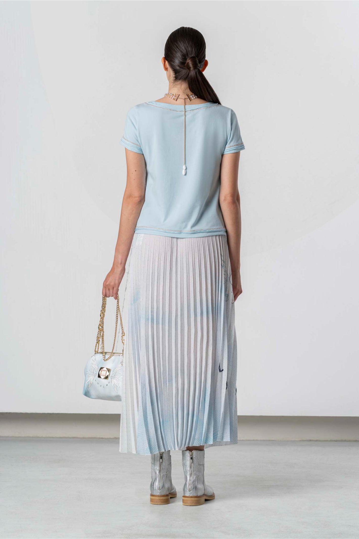 Elisa Cavaletti Light Blue Printed Pleated Midi Skirt EJP263002801 back view featuring pleats, shop Elisa Cavaletti at Dotique gallery 1