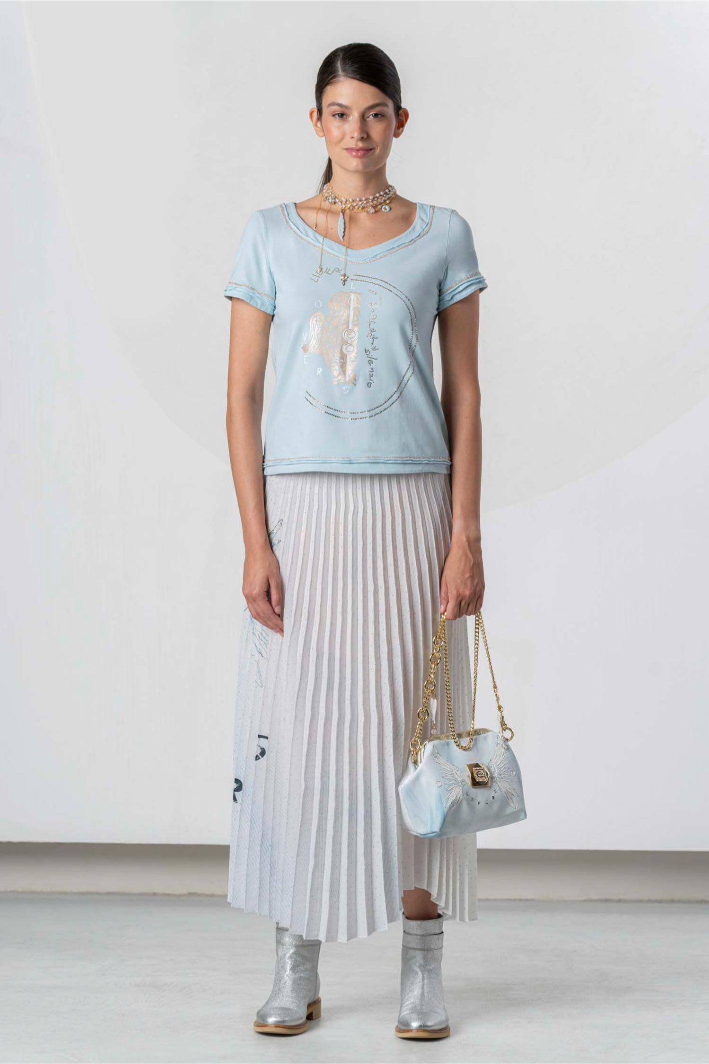 Elisa Cavaletti Light Blue Printed Pleated Midi Skirt EJP263002801 front full length view with styled top, shop Elisa Cavaletti at Dotique gallery 1