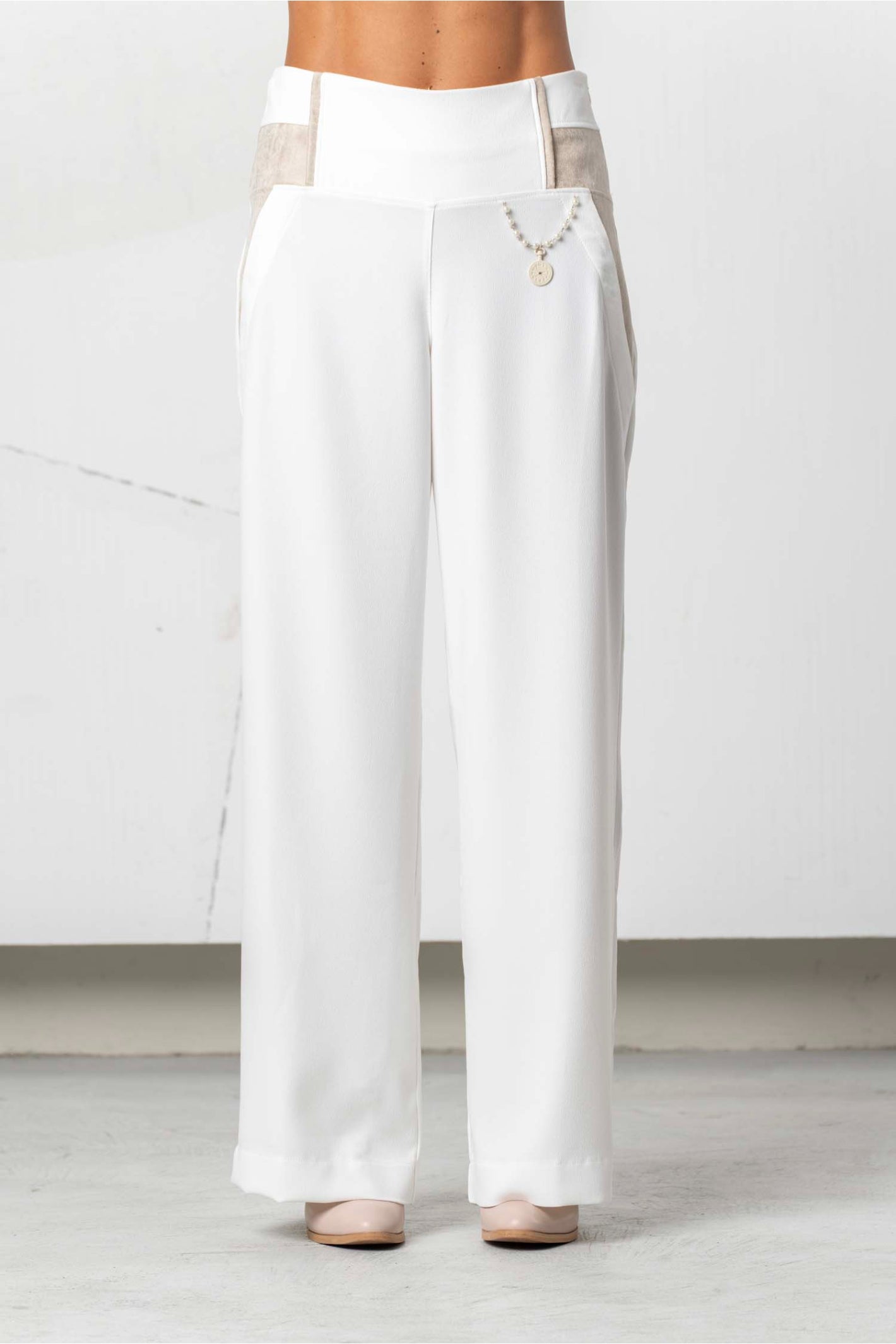 Elisa Cavaletti Off-White Wide Leg Trousers with Chain Detail EJP266018110 front view gallery 1 Shop Elisa Cavaletti at Dotique