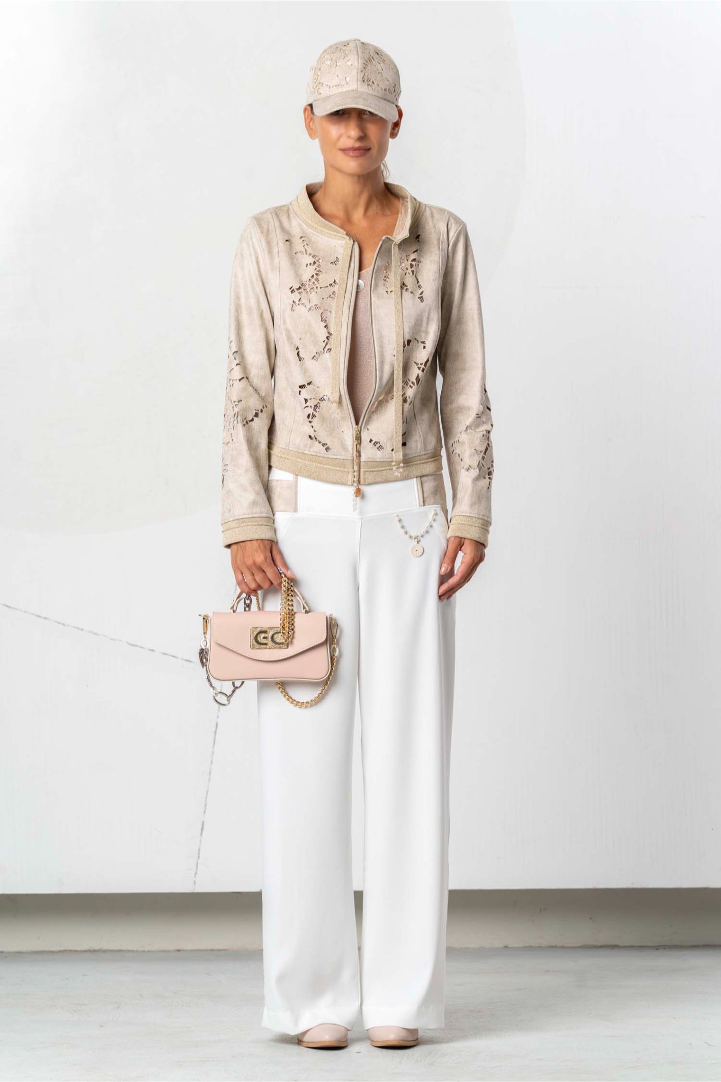 Elisa Cavaletti Off-White Wide Leg Trousers with Chain Detail EJP266018110 front view gallery position 1 shop Elisa Cavaletti at Dotique