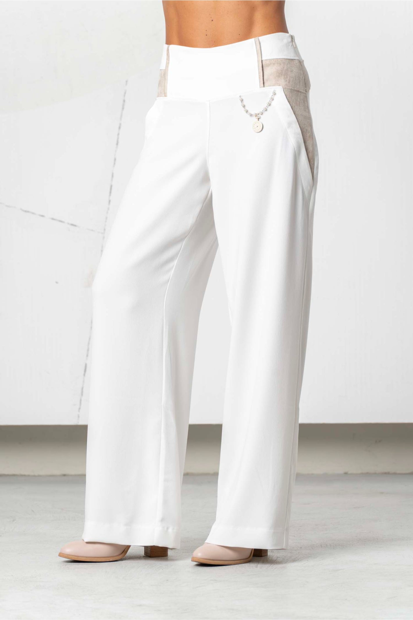 Elisa Cavaletti Off-White Wide Leg Trousers with Chain Detail EJP266018110 front view gallery 1 Shop Elisa Cavaletti at Dotique