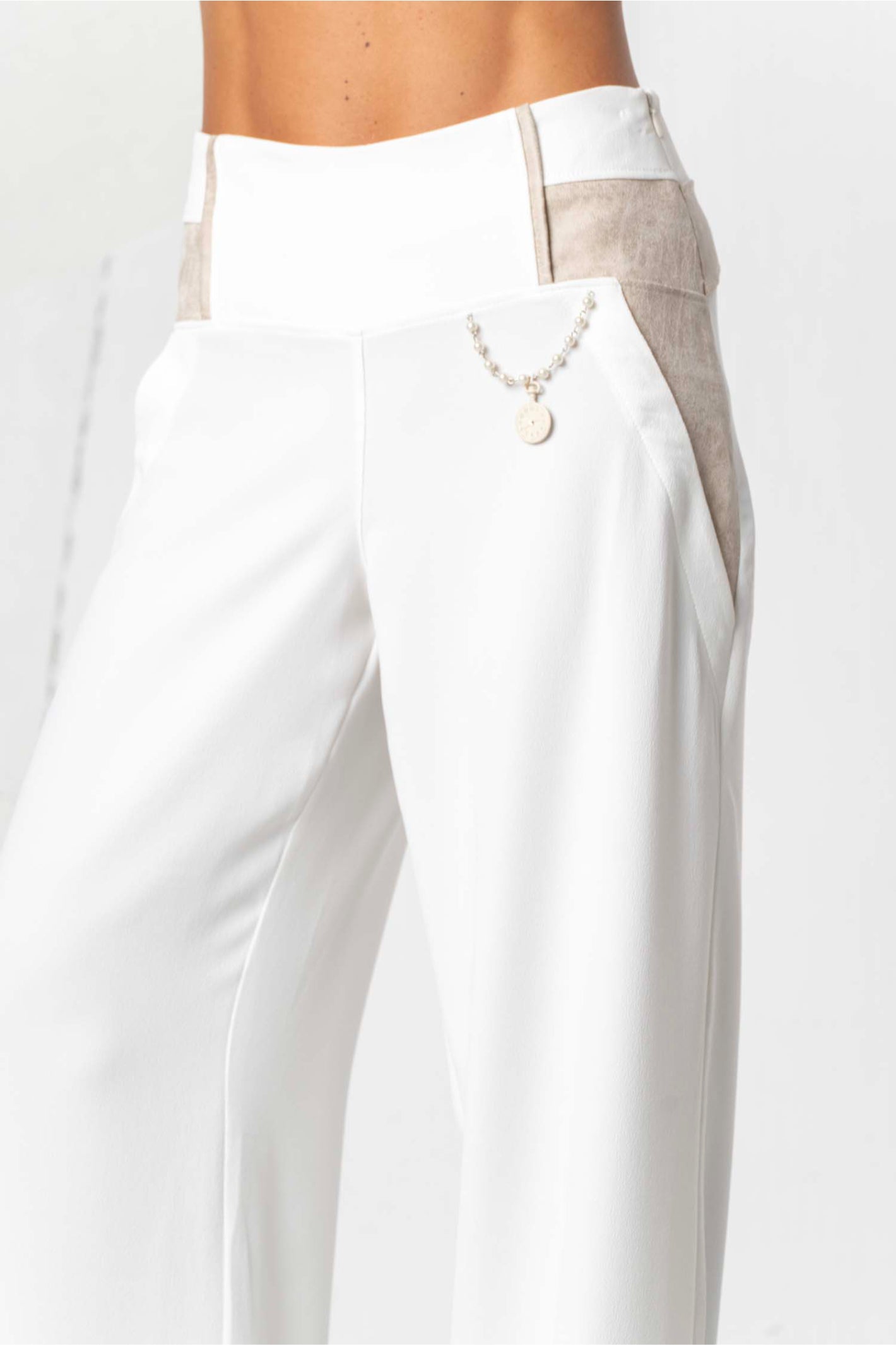 Elisa Cavaletti Off-White Wide Leg Trousers with Chain Detail EJP266018110 close-up front view gallery 1 shop Elisa Cavaletti at Dotique