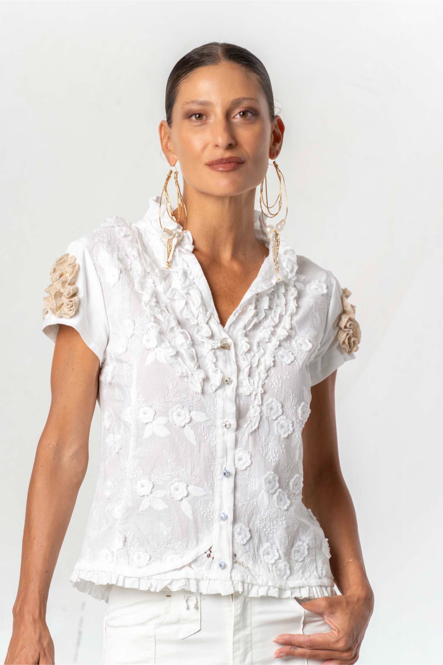Elisa Cavaletti Off-White Embroidered Ruffle Detail Shirt ELP261019901 front view gallery 1 Shop Elisa Cavaletti at Dotique