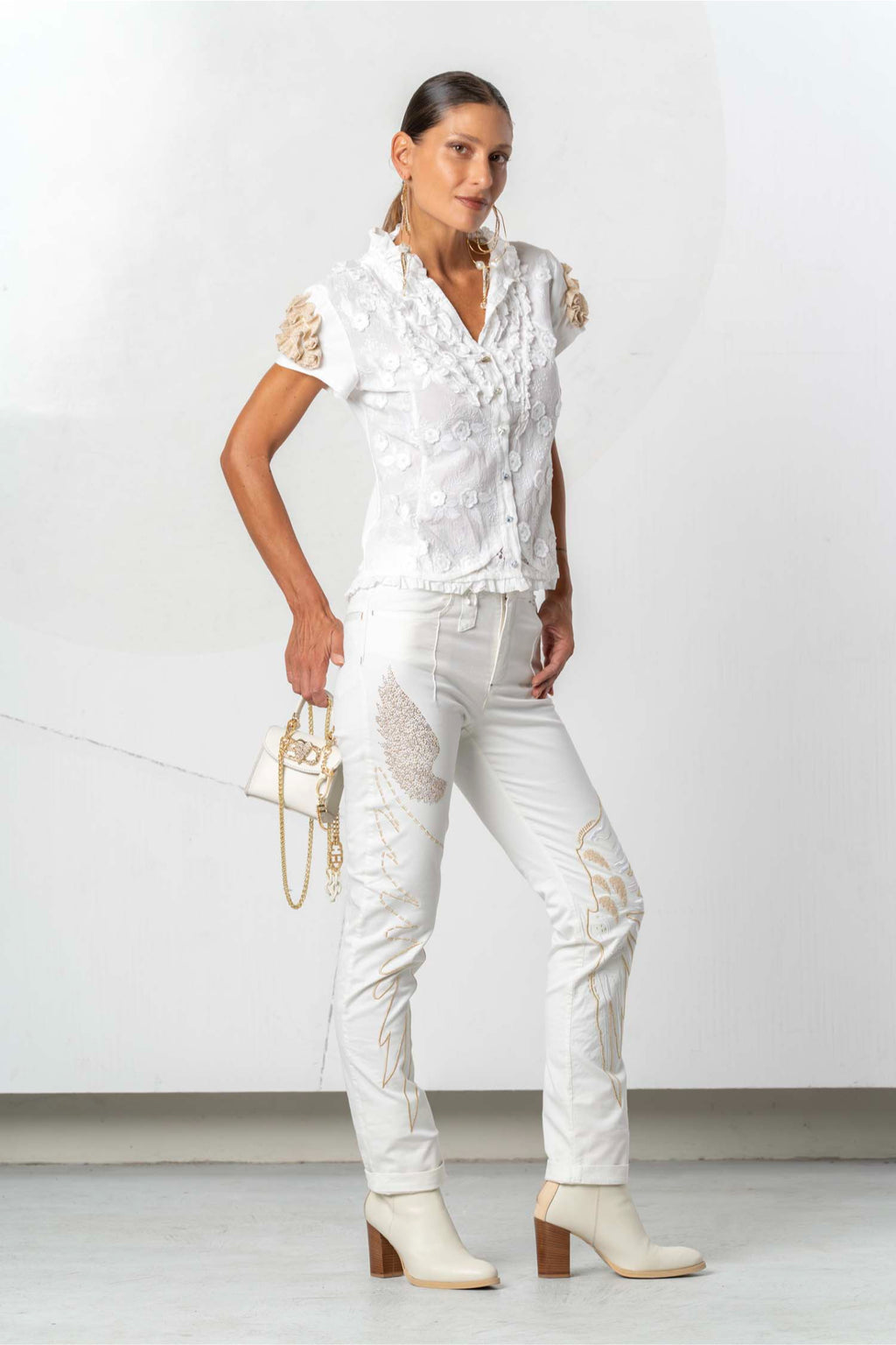 Elisa Cavaletti Off-White Embroidered Ruffle Detail Shirt ELP261019901 styled in gallery position 1 Shop Elisa Cavaletti at Dotique