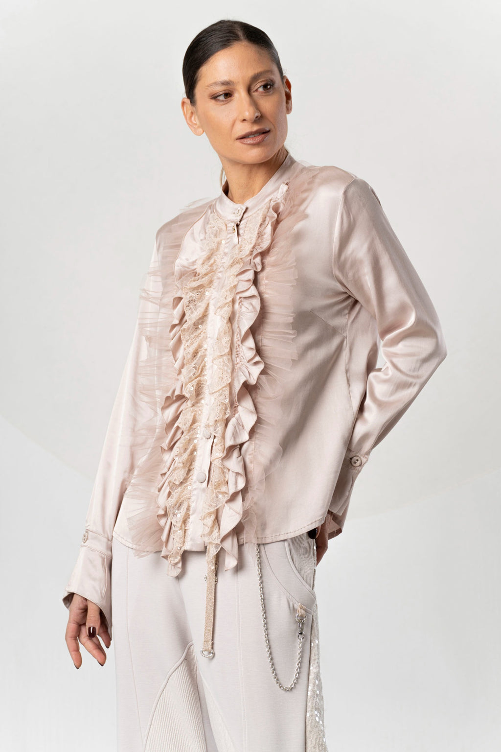 Shop the Elisa Cavaletti ELW261010902 Powder Pink Blouse at Dotique. A feminine designer blouse with beautiful ruffle detailing from the AW26 collection.