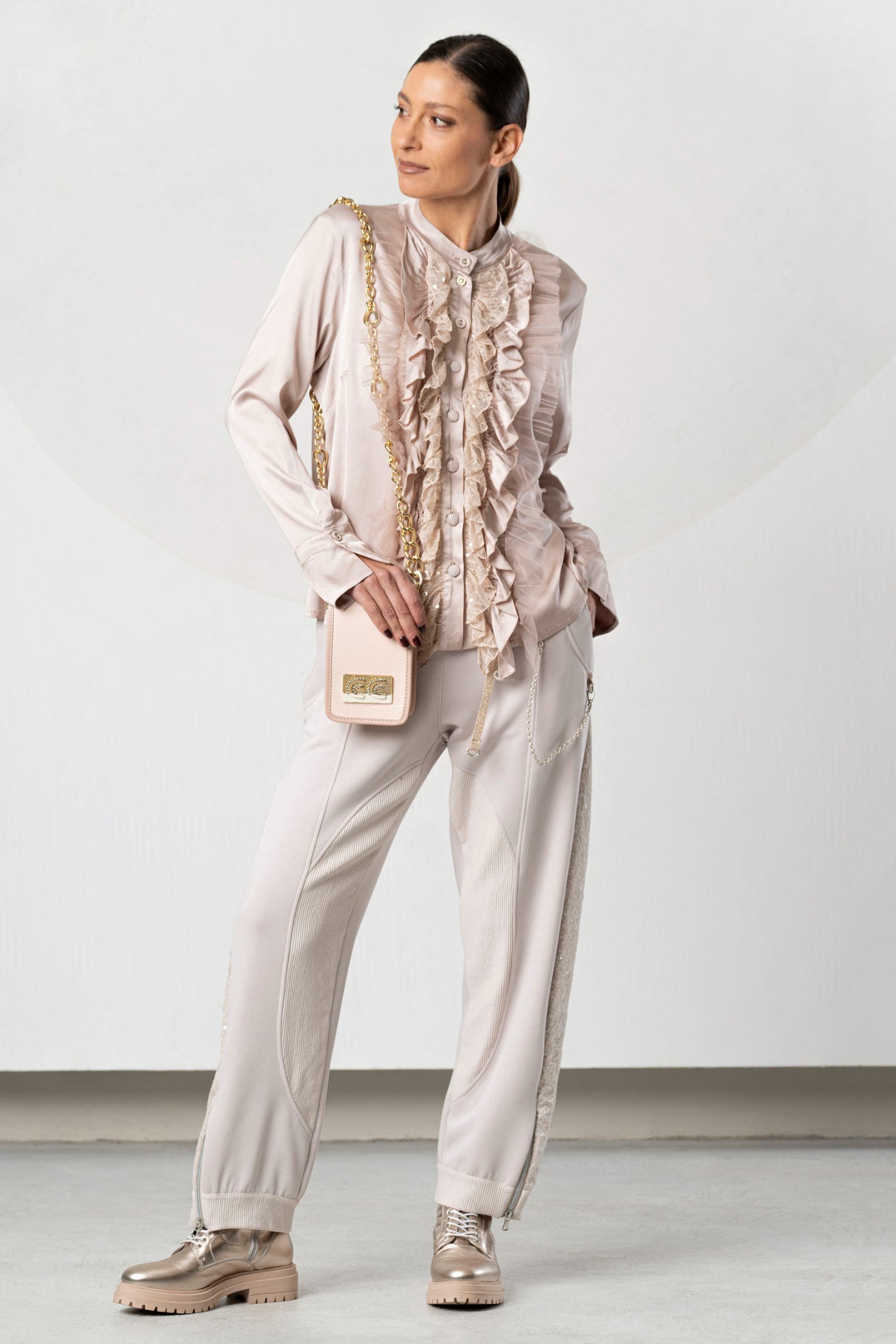 Shop the Elisa Cavaletti ELW261010902 Powder Pink Blouse at Dotique. A feminine designer blouse with beautiful ruffle detailing from the AW26 collection.