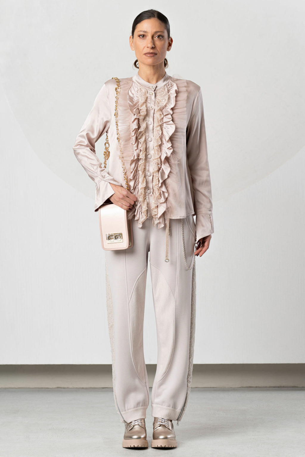 Shop the Elisa Cavaletti ELW261010902 Powder Pink Blouse at Dotique. A feminine designer blouse with beautiful ruffle detailing from the AW26 collection.
