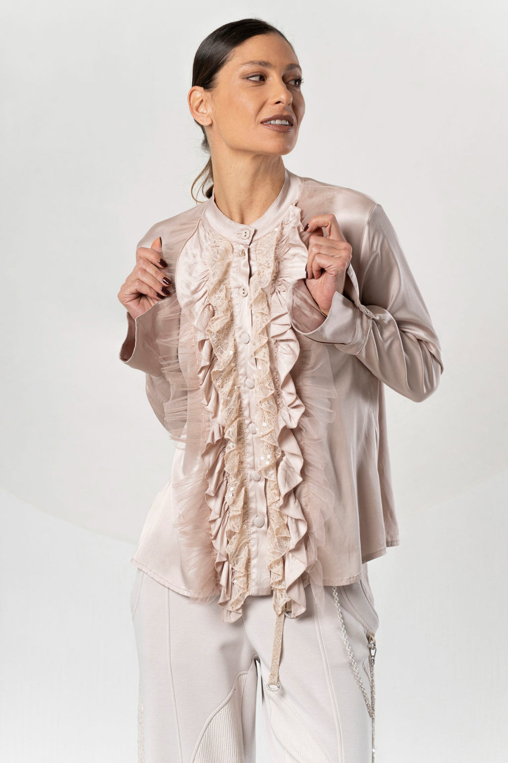 Shop the Elisa Cavaletti ELW261010902 Powder Pink Blouse at Dotique. A feminine designer blouse with beautiful ruffle detailing from the AW26 collection.