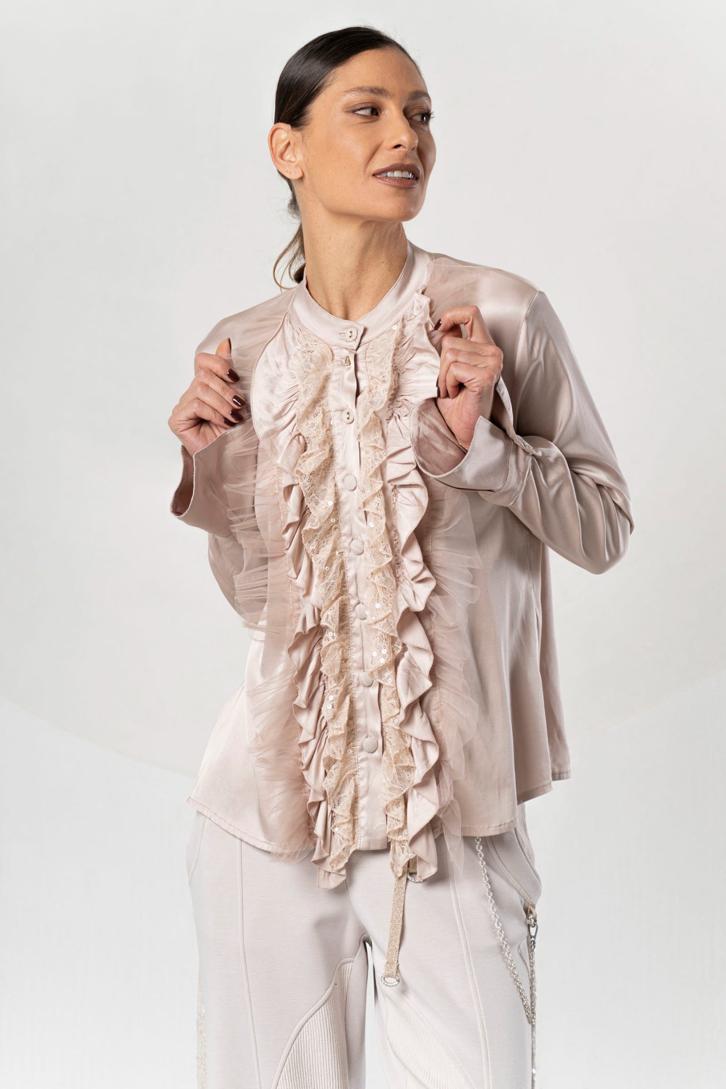 Shop the Elisa Cavaletti ELW261010902 Powder Pink Blouse at Dotique. A feminine designer blouse with beautiful ruffle detailing from the AW26 collection.